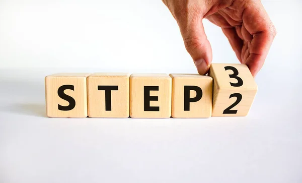 Step Symbol Businessman Turns Wooden Cube Changes Words Step Step — Stock Photo, Image