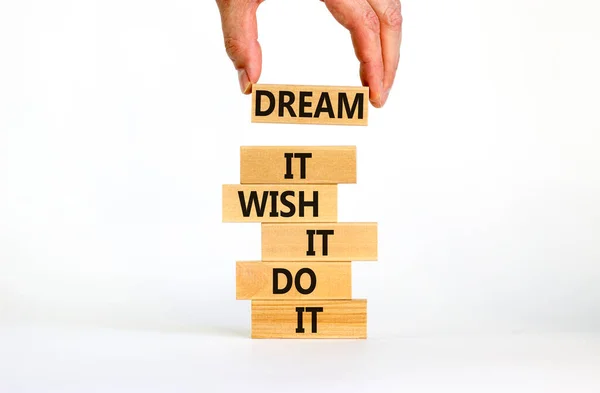 Dream Wish Symbol Wooden Blocks Words Dream Wish Businessman Hand — Stock Photo, Image