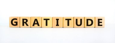 Minnettarlık sembolü. Ahşap küplerdeki minnettarlık kavramı. Güzel beyaz masa, beyaz arka plan. İş ve minnettarlık kavramı. Boşluğu kopyala.