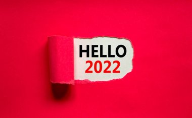 2022 Merhaba yeni yıl sembolü. Sözcükler Merhaba 2022 Yırtık pembe kağıdın arkasında beliriyor. Güzel pembe arka plan. İş dünyası, merhaba 2022 Yeni yıl konsepti, kopyalama alanı.