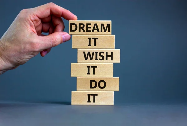 Dream Wish Symbol Wooden Blocks Words Dream Wish Businessman Hand — Stock Photo, Image