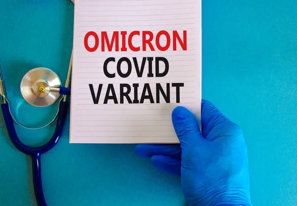 Covid Omicron Variant Stam Symbol Hand Blå Handske Med Vit — Stockfoto