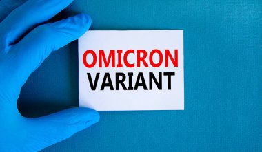 Yeni covid-19 omikron varyant türü sembolü. Mavi eldiven ve beyaz kart. Omicron değişkeni kavramsal kelimeler. Tıbbi ve COVID-19 omikron varyant türü konsepti. Boşluğu kopyala.