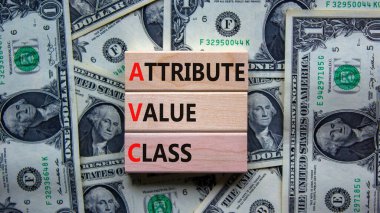AVC öznitelik değeri sınıf sembolü. Ahşap bloklar üzerinde AVC değer sınıfını tanımlayan kavramsal kelimeler. Dolar banknotlarından güzel bir arka plan, fotokopi alanı. İş ve AVC öznitelik değeri sınıf kavramı.