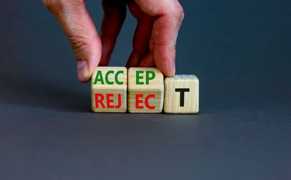 Accept Reject Symbol Businessman Turns Wooden Cubes Changes Word Reject — Stock Photo, Image