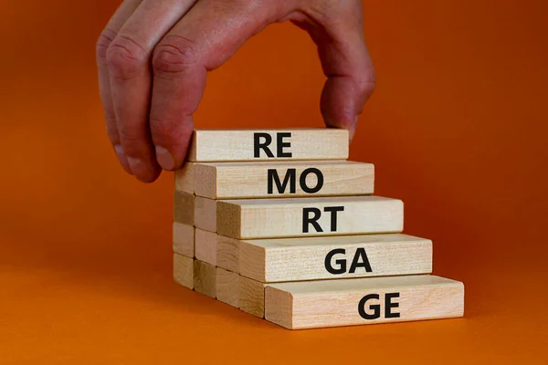 Remortgage Loan Symbol Wooden Blocks Word Remortgage Beautiful Orange Background — Stock Photo, Image
