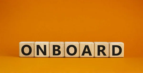 Símbolo Embarque Embarque Palavra Conceitual Onboard Cubos Madeira Linda Mesa — Fotografia de Stock