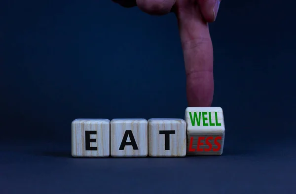 Eat Well Eat Less Symbol Businessman Turns Wooden Cube Changes — Foto Stock