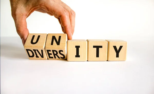 Diversity Unity Symbol Businessman Turns Wooden Cubes Changes Word Unity — Stock Photo, Image