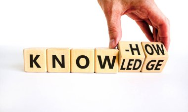 Knowledge and know-how symbol. Businessman turns cubes, changes the word know-how to knowledge. Beautiful white background, copy space. Business, knowledge and know-how concept.
