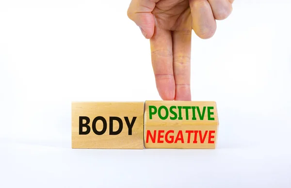 Body Positive Negative Symbol Psychologist Turns Cubes Changes Words Body — Zdjęcie stockowe