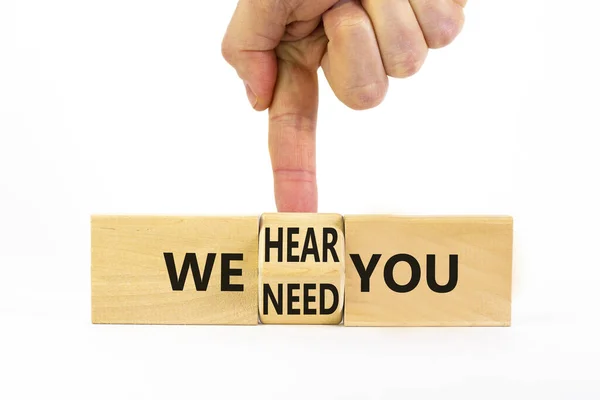 Need Hear You Symbol Businessman Turns Wooden Cube Changes Words — Stockfoto