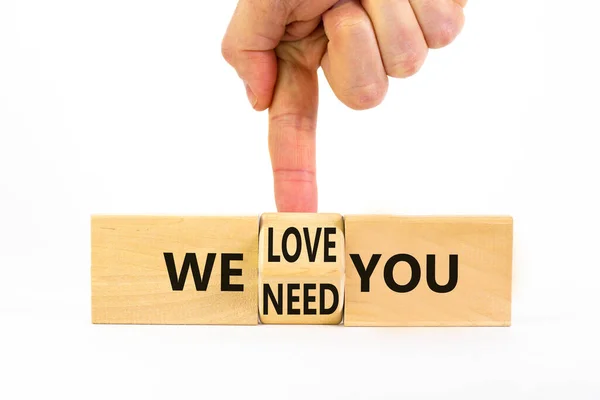 Need Love You Symbol Businessman Turns Wooden Cube Changes Words — Zdjęcie stockowe