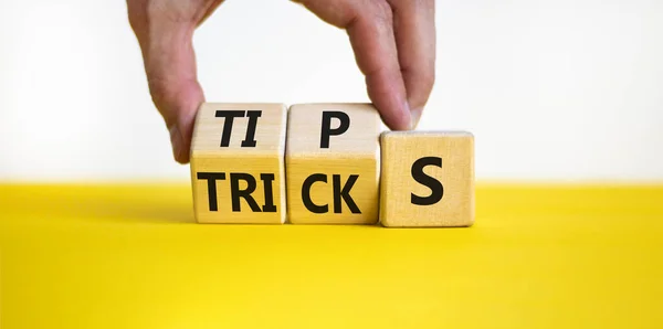 Tips Tricks Symbol Businessman Turns Wooden Cubes Changes Word Tricks — Fotografia de Stock