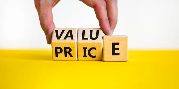 Value Price Symbol Businessman Turns Wooden Cubes Changes Word Price — Stock Photo, Image