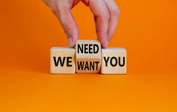 Want Need You Symbol Businessman Turns Wooden Cube Changes Words — Stockfoto