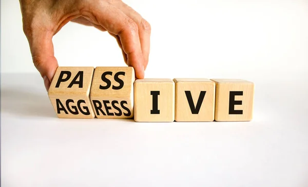 Passive Aggressive Symbol Businessman Turns Wooden Cubes Changes Word Passive — Stock Photo, Image