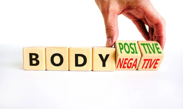 Body Positive Negative Symbol Psychologist Turns Cubes Changes Words Body — Stockfoto