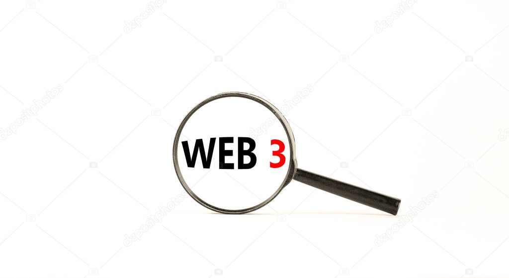 WEB 3 symbol. Concept words WEB 3. Magnifying glass. Beautiful white table, white background. Copy space. Business, technology and WEB 3.0 web3 concept.