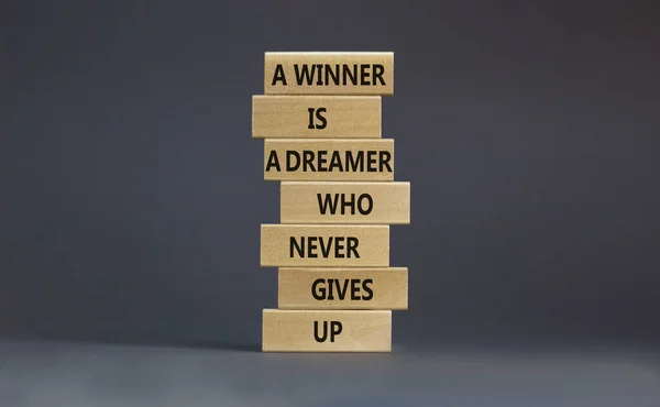Winner Dreamer Symbol Wooden Blocks Words Winner Dreamer Who Never — Stock Photo, Image