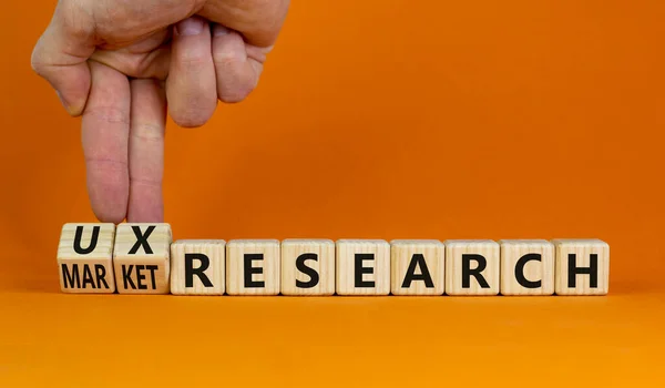 Market Research Symbol Businessman Turns Wooden Cubes Changes Words Market — Stock Photo, Image