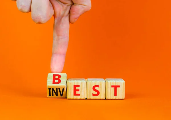 Best Invest Symbol Businessman Turns Wooden Cube Changes Word Invest — Stock Photo, Image