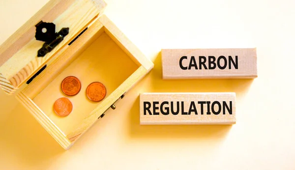 炭素規制のシンボル コンセプトワード美しい白いテーブルの白い背景に木製のブロック上の炭素規制 硬貨入りの木製胸 ビジネスと炭素規制の概念 コピースペース — ストック写真