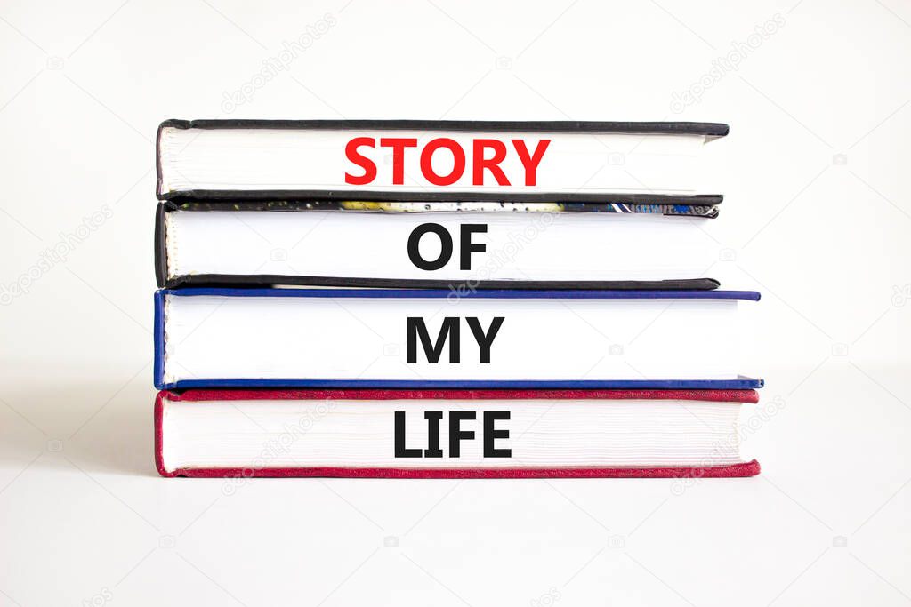 Story of my life and storytelling symbol. Concept words Story of my life on books. Beautiful white table white background. Story of my life business concept. Copy space.