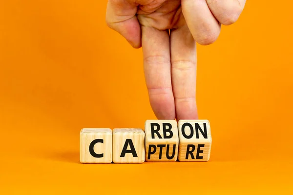 碳捕获符号 商人将木方块变成木方块 并将概念词 漂亮的橙色桌子橙色背景 商业生态碳捕获概念 复制空间 — 图库照片