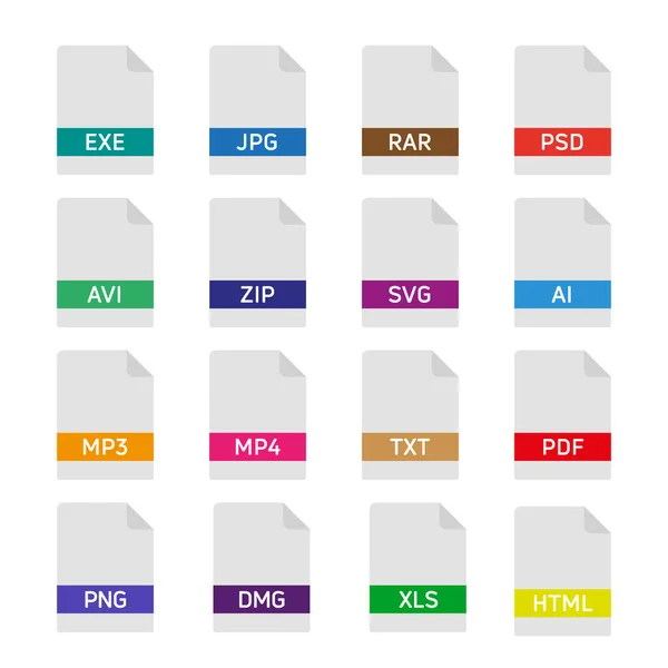 Ensemble Icônes Formats Étiquettes Fichiers Documents Illustration Vectorielle — Image vectorielle