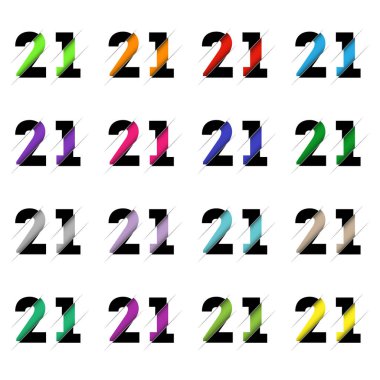 Kağıt kesiği 21 numara. Gerçekçi 3D çok katmanlı kağıt kesim efekti beyaz arka planda izole edilmiş. Alfabe harfi yazı tipi. Doğum günü veya düğün karşılama tasarımı için dekorasyon ögesi