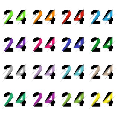 Kağıt kesiği 24 numara 24 numara. Gerçekçi 3D çok katmanlı kağıt kesim efekti beyaz arka planda izole edilmiş. Alfabe harfi yazı tipi. Doğum günü veya düğün karşılama tasarımı için dekorasyon ögesi