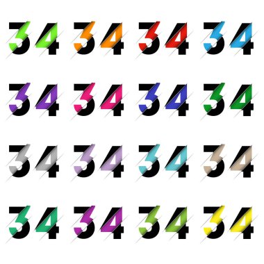 Kağıt kesiği 34 numara 34. Gerçekçi 3D çok katmanlı kağıt kesim efekti beyaz arka planda izole edilmiş. Alfabe harfi yazı tipi. Doğum günü veya düğün karşılama tasarımı için dekorasyon ögesi