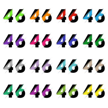Kırk dört numaralı kağıt kesiği, altı 46 numara. Gerçekçi 3D çok katmanlı kağıt kesim efekti beyaz arka planda izole edilmiş. Alfabe harfi yazı tipi. Doğum günü veya düğün karşılama tasarımı için dekorasyon ögesi