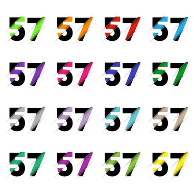 Kâğıt kesiği 57 numara. Gerçekçi 3D çok katmanlı kağıt kesim efekti beyaz arka planda izole edilmiş. Alfabe harfi yazı tipi. Doğum günü veya düğün karşılama tasarımı için dekorasyon ögesi