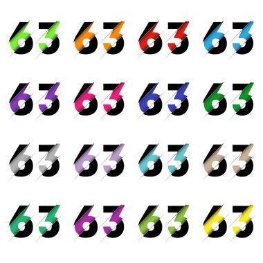 Kağıt kesiği 63 numara. Gerçekçi 3D çok katmanlı kağıt kesim efekti beyaz arka planda izole edilmiş. Alfabe harfi yazı tipi. Doğum günü veya düğün karşılama tasarımı için dekorasyon ögesi