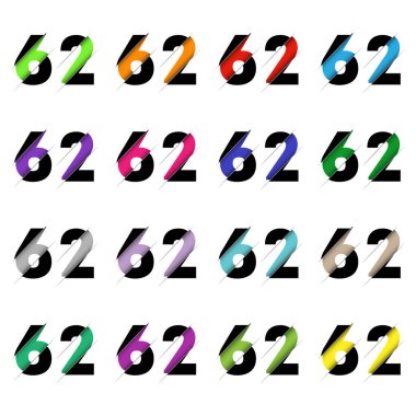 Kağıt kesiği 62 numara. Gerçekçi 3D çok katmanlı kağıt kesim efekti beyaz arka planda izole edilmiş. Alfabe harfi yazı tipi. Doğum günü veya düğün karşılama tasarımı için dekorasyon ögesi