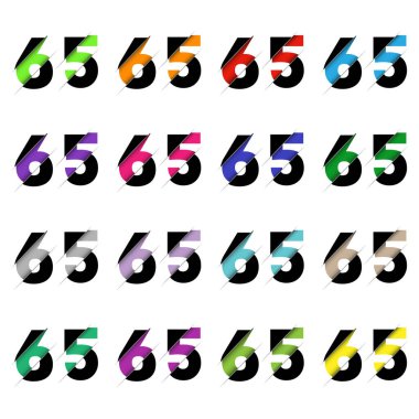 Kağıt kesiği 65 numara. Gerçekçi 3D çok katmanlı kağıt kesim efekti beyaz arka planda izole edilmiş. Alfabe harfi yazı tipi. Doğum günü veya düğün karşılama tasarımı için dekorasyon ögesi