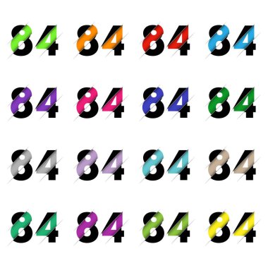 Kağıt kesiği 84 numara. Gerçekçi 3D çok katmanlı kağıt kesim efekti beyaz arka planda izole edilmiş. Alfabe harfi yazı tipi. Doğum günü veya düğün karşılama tasarımı için dekorasyon ögesi