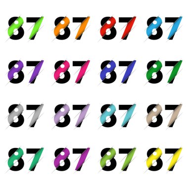 Kağıt kesiği 87 numara. Gerçekçi 3D çok katmanlı kağıt kesim efekti beyaz arka planda izole edilmiş. Alfabe harfi yazı tipi. Doğum günü veya düğün karşılama tasarımı için dekorasyon ögesi