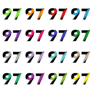 Kağıt kesiği 97 numara. Gerçekçi 3D çok katmanlı kağıt kesim efekti beyaz arka planda izole edilmiş. Alfabe harfi yazı tipi. Doğum günü veya düğün karşılama tasarımı için dekorasyon ögesi