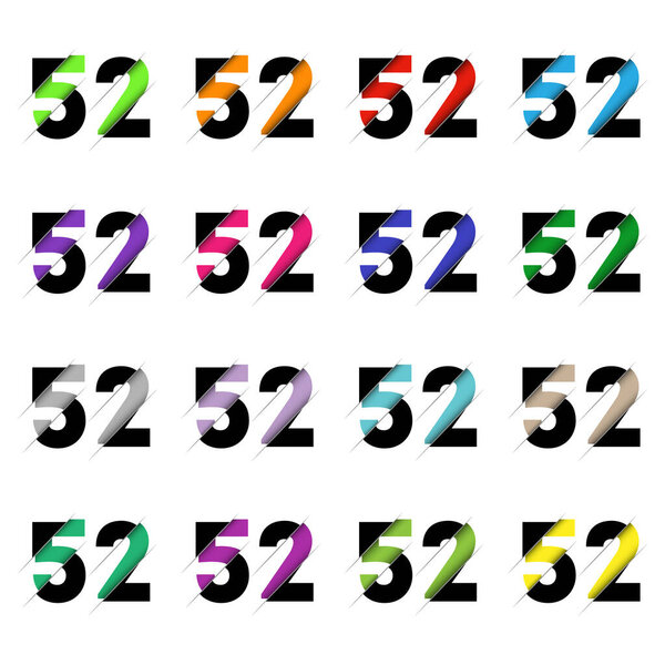 Paper cut number fifty two 52. Realistic 3D multi layers papercut effect isolated on white background. Figure of alphabet letter font. Decoration element for birthday or wedding greeting design