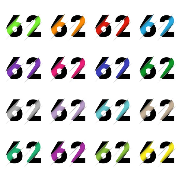 Kağıt kesiği 62 numara. Gerçekçi 3D çok katmanlı kağıt kesim efekti beyaz arka planda izole edilmiş. Alfabe harfi yazı tipi. Doğum günü veya düğün karşılama tasarımı için dekorasyon ögesi