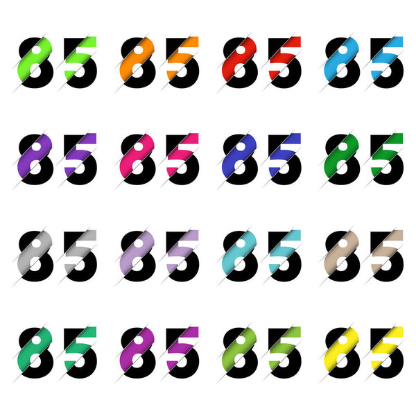 Paper cut number eighty five 85. Realistic 3D multi layers papercut effect isolated on white background. Figure of alphabet letter font. Decoration element for birthday or wedding greeting design