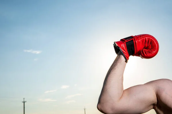 Feche Uma Mão Usando Luva Boxe Vermelho Com Espaço Branco — Fotografia de Stock