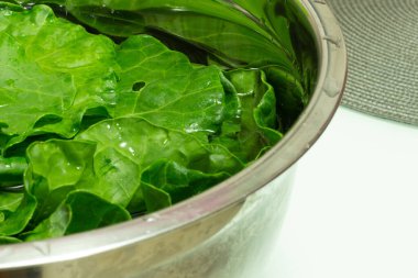 Beyaz arka planda paslanmaz çelikten bir kasenin içinde lahana yaprakları var.