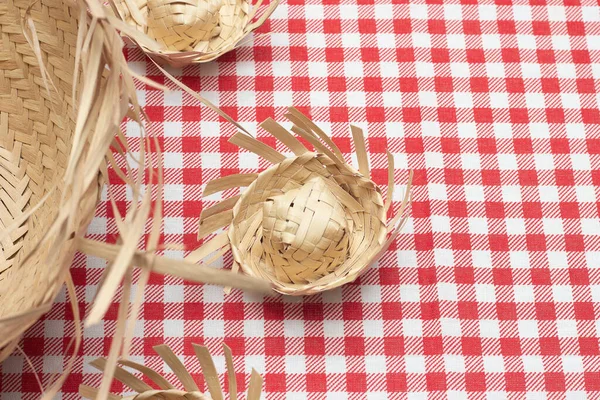 Brazilian Party Straw Hats Checkered Fabric — Stock Photo, Image