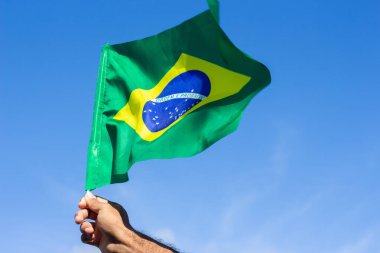 man holding on  a Brazilian flag