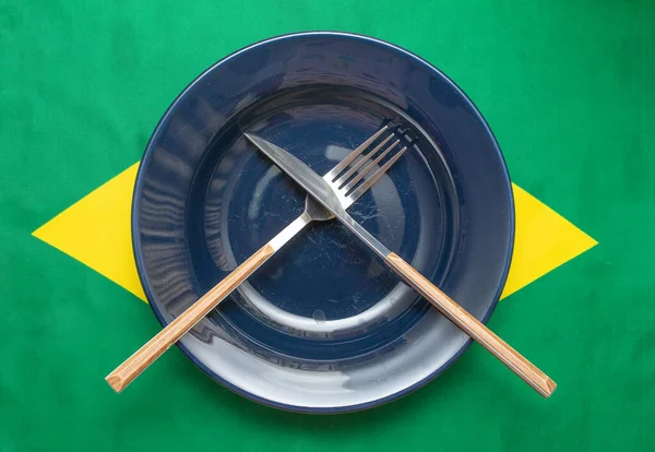 Empty Plate Cutlery Brazilian Flag — Fotografia de Stock