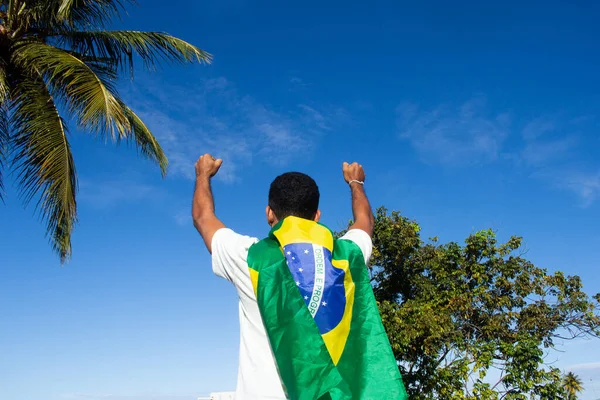 Man Holding Brazil Flag His Back — Stock Photo, Image